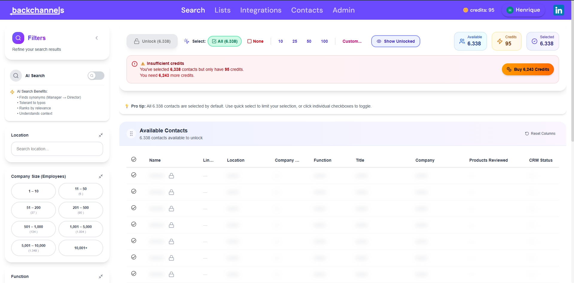 Backchannels app overview - search, sidebar and contacts table
