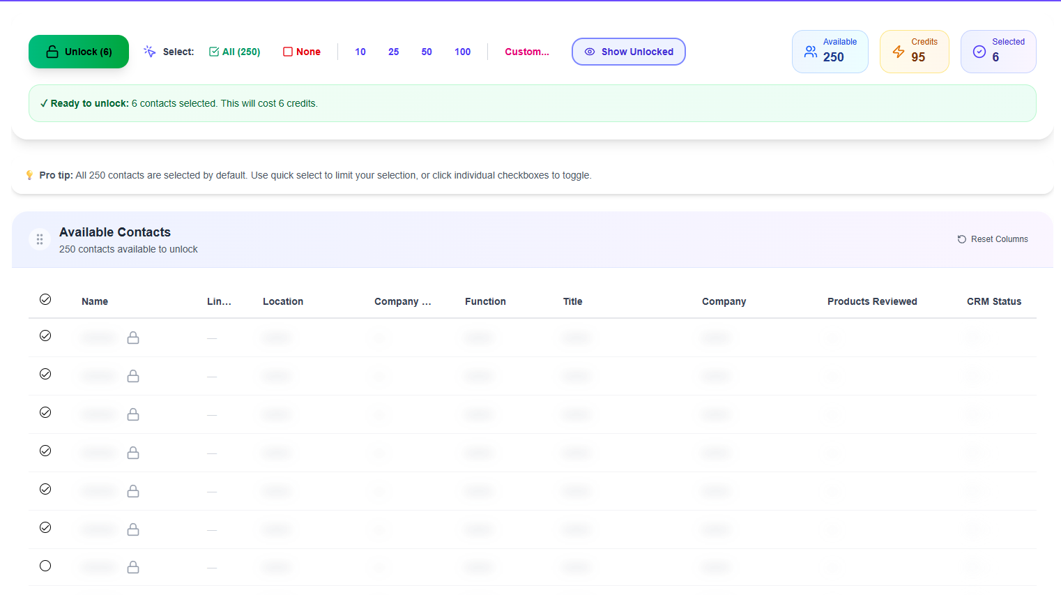 Unlock flow - selecting contacts and revealing full details